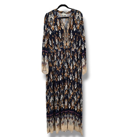 Wonderly Dresses & Skirts - Wonderly Women's Maxi‎ Dress Geometric Print V Neck Long Sleeve Navy XL